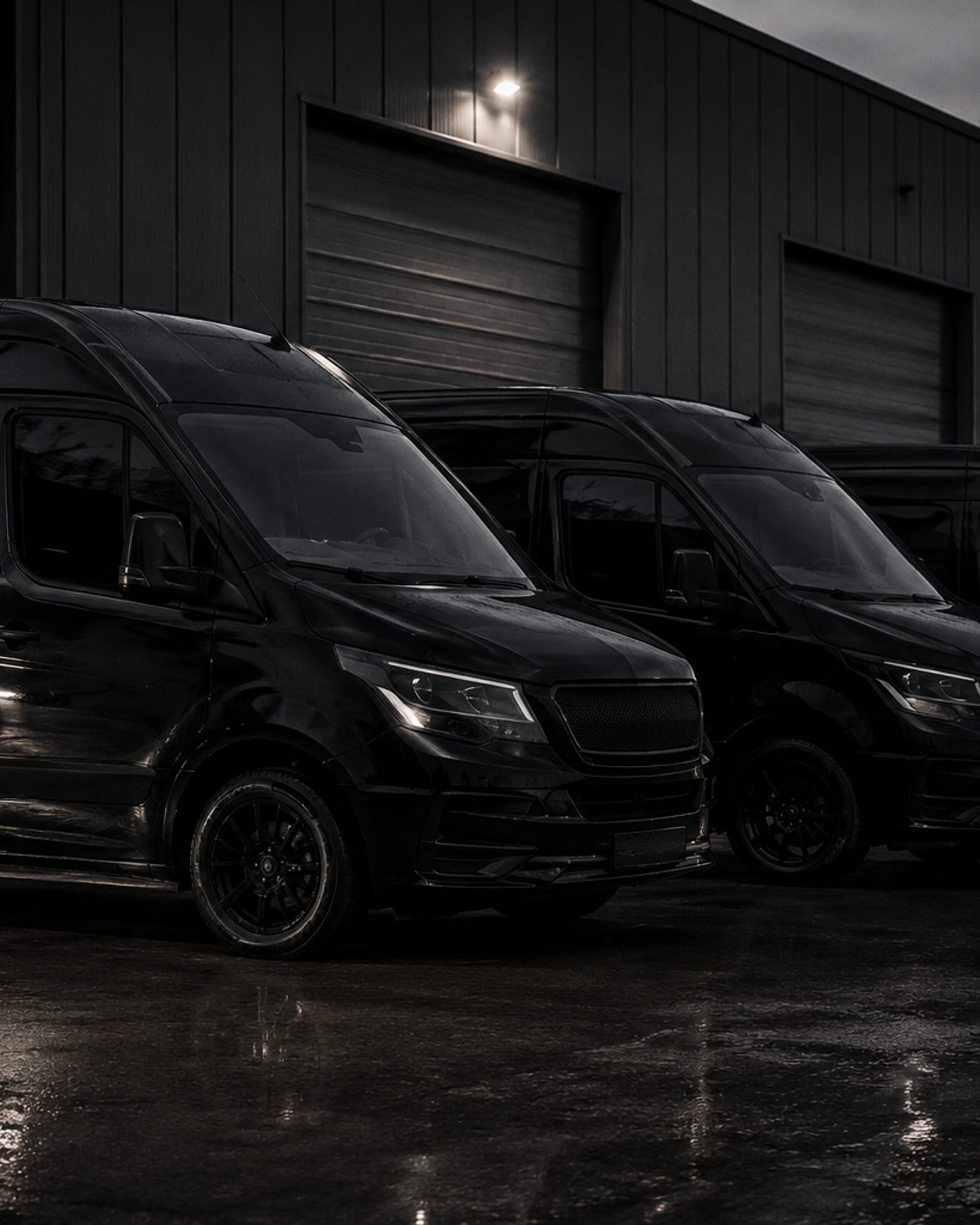 Three black commercial vans at a depot at dusk