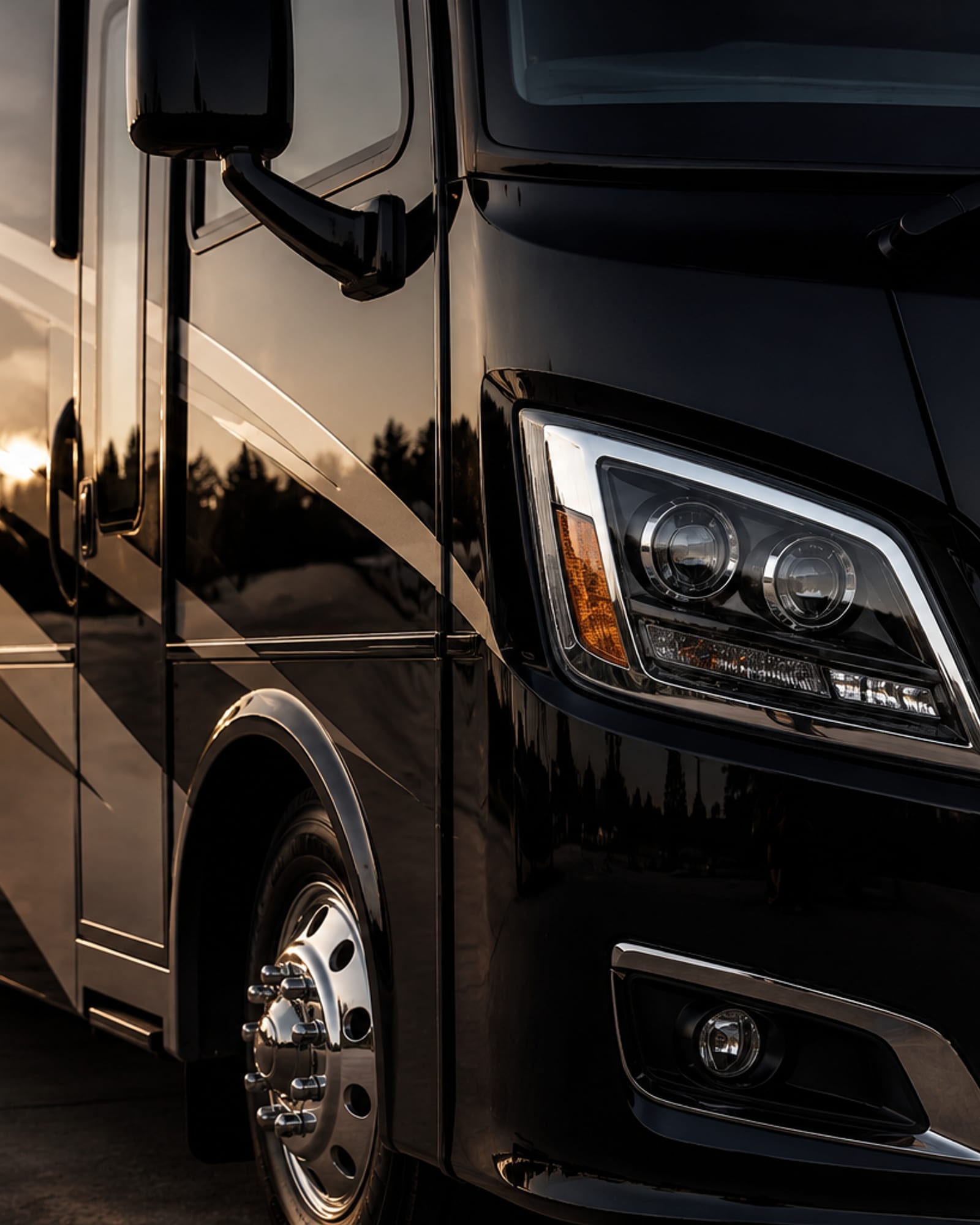 Black Class A motorhome headlight and side panel detail