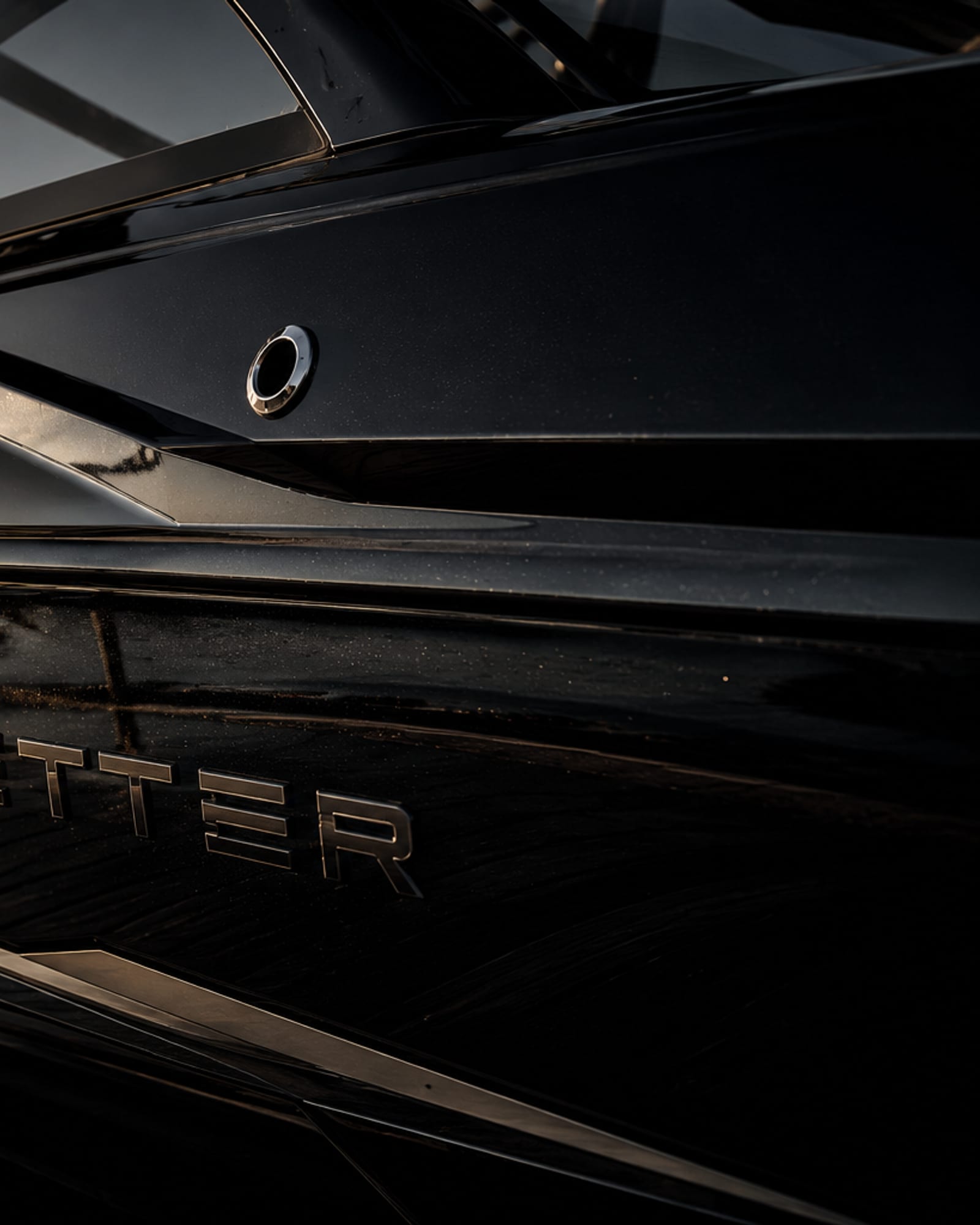 Close-up of a black wakeboat bow at the dock at golden hour